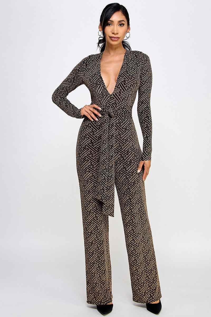 Metallic Deep V-neck Jumpsuit