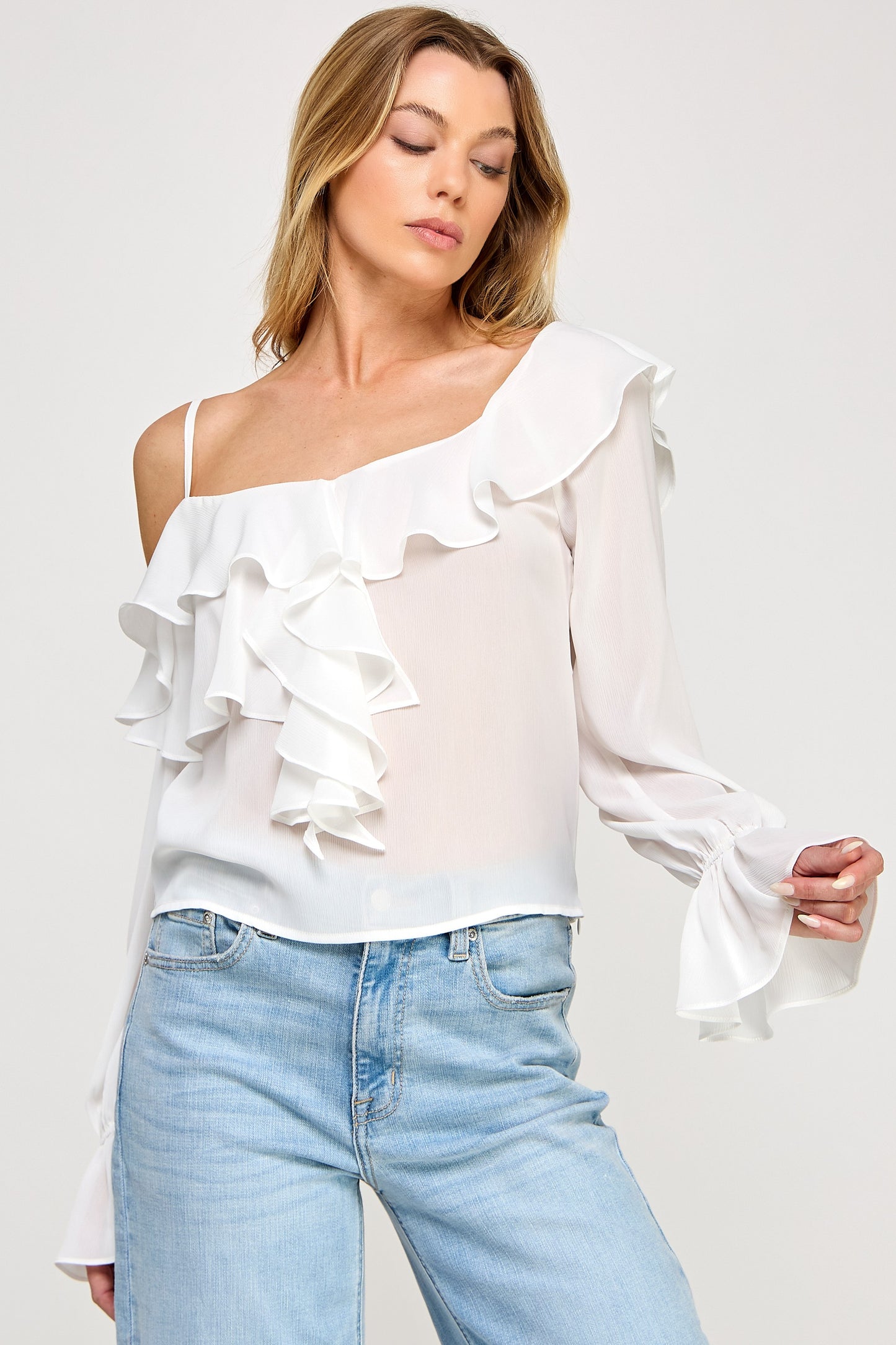Ava long sleeve Top /Off shoulder Ruffle Sheer Top