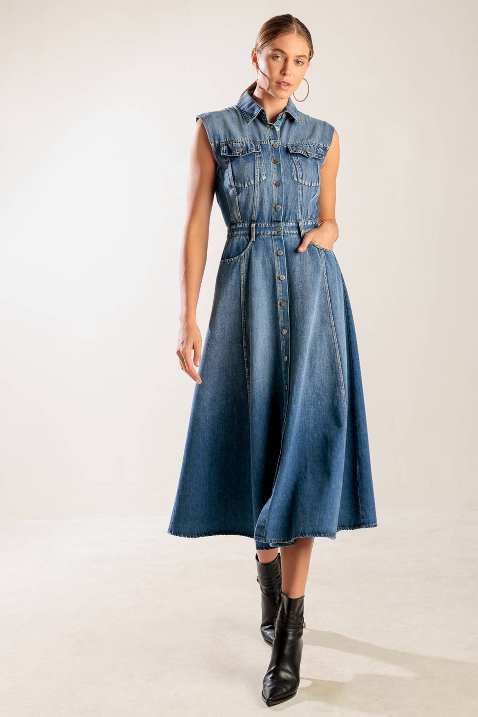Washed Denim Midi Dress