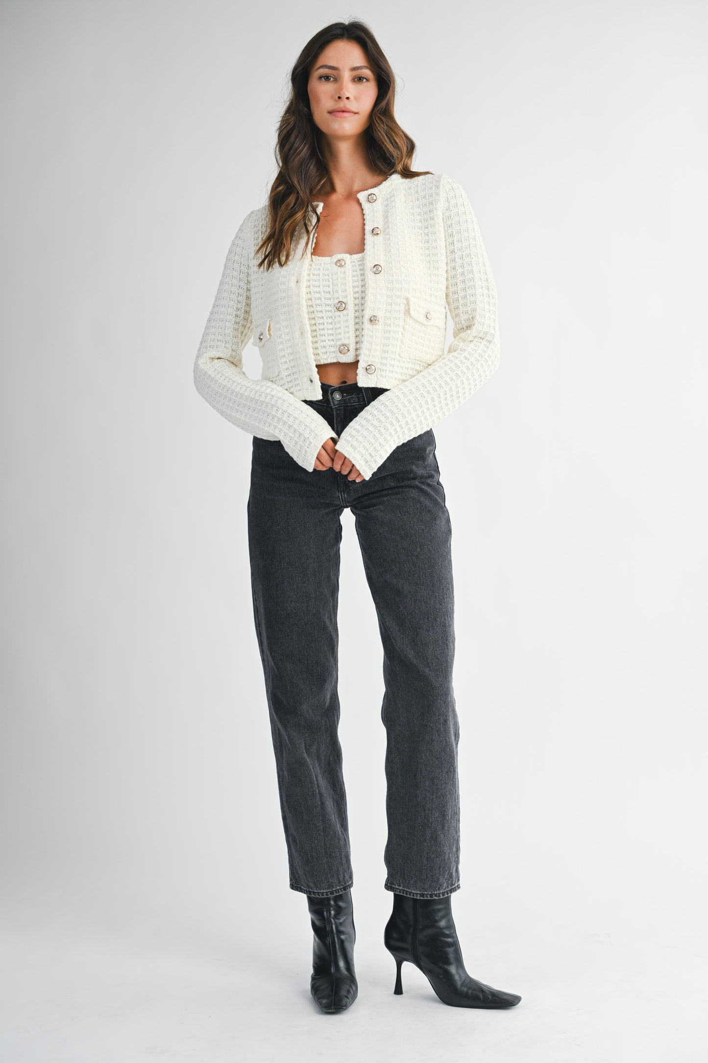 Tweed Knit Adjustable Strap Top And Cardigan Set