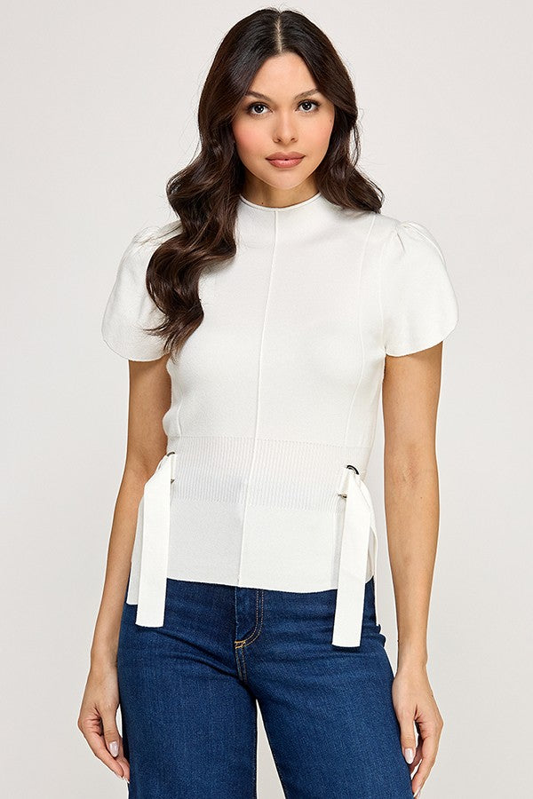 TULIP SLEEVE MOCK NECK SWEATER W/SIDE BELT