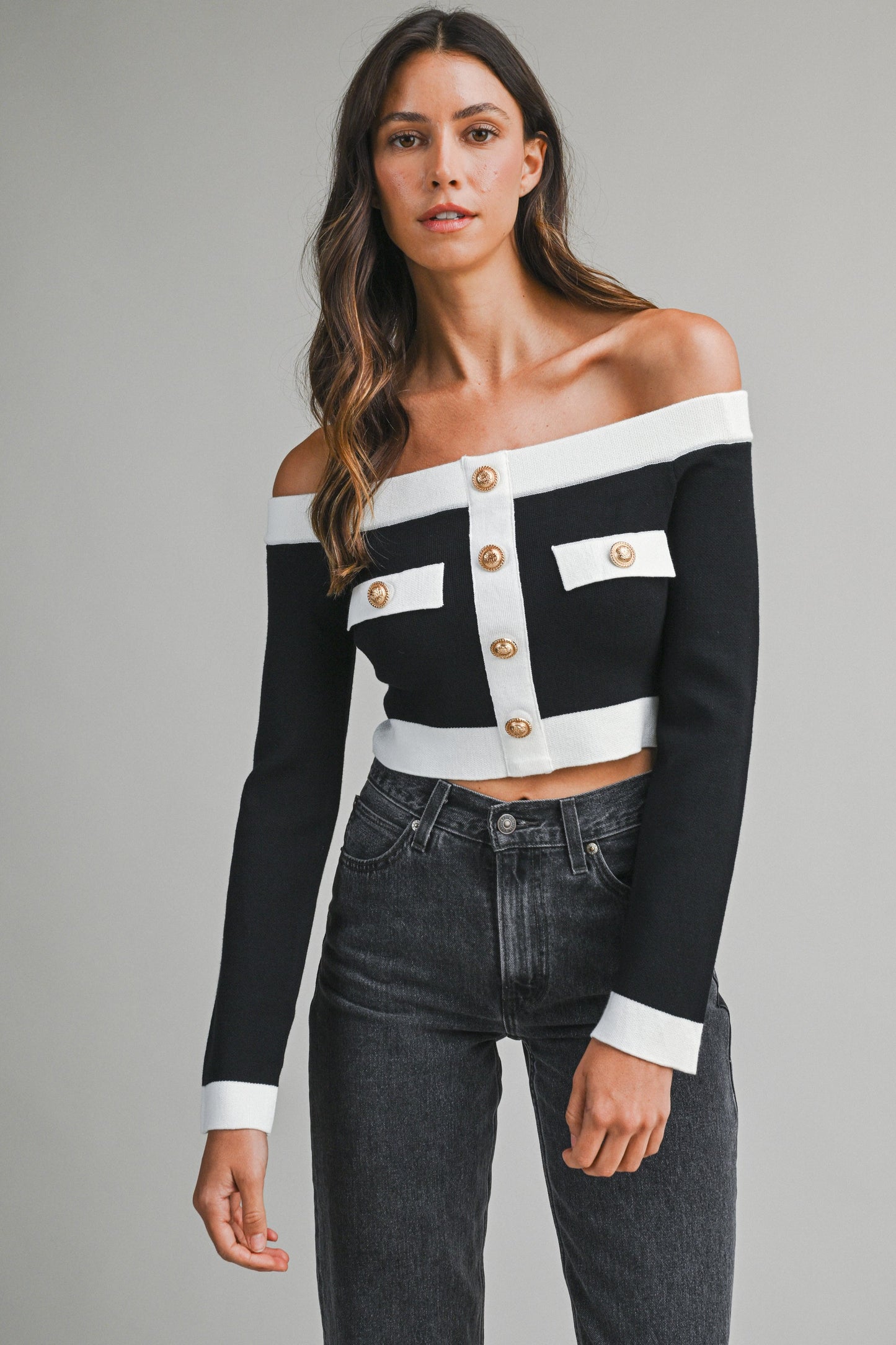 Off Shoulder Contrast Trim Knit Cropped Sweater