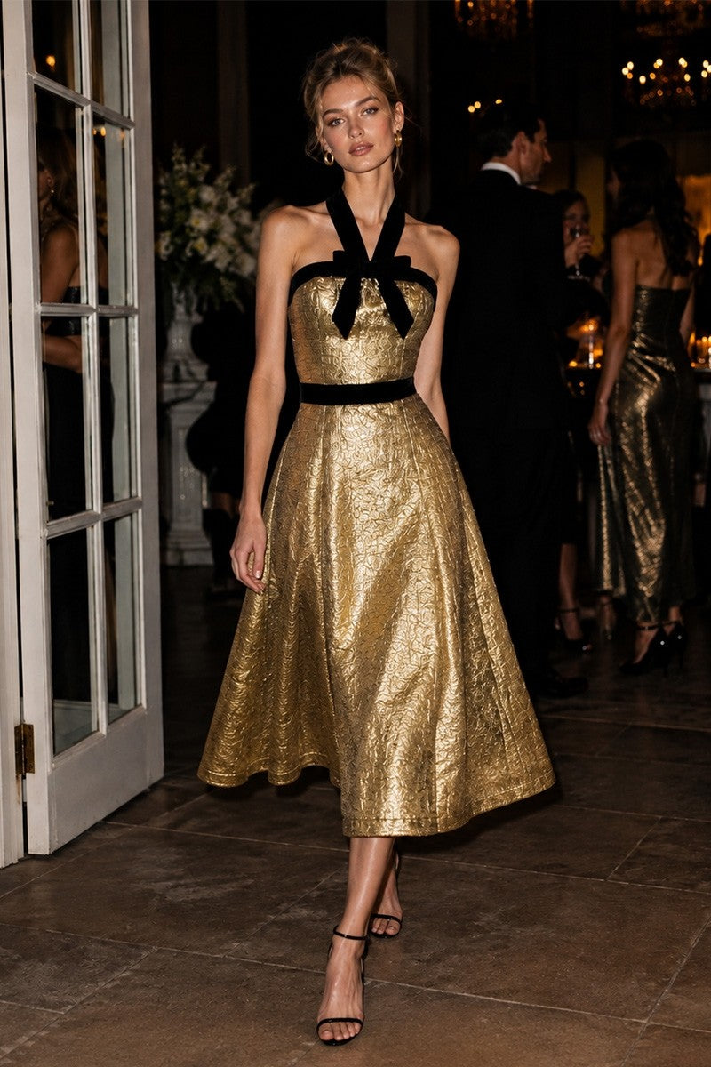 Velvet Bow Detail Gold Jacqaurd Midi Dress //preorder//