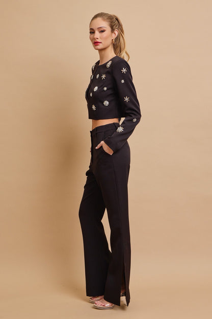 Guestling Woven embellished jacket and flare pants set