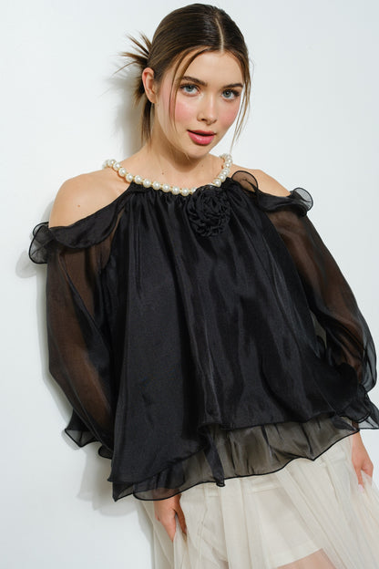 Off-Shoulder Pearl Accent Organza Ruffle Blouse Regular