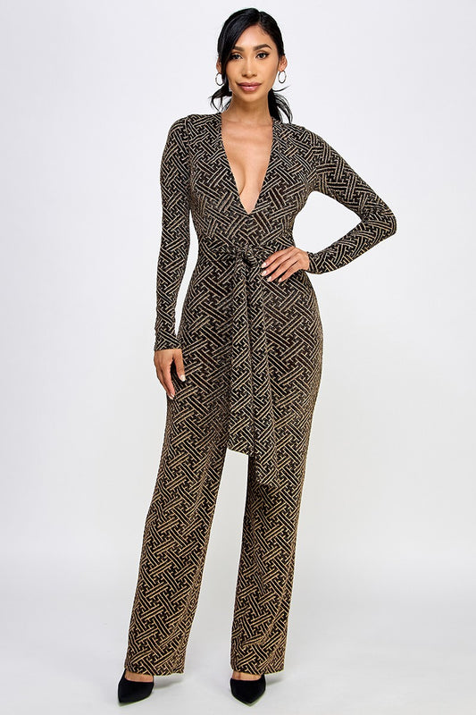 Metallic Deep V-neck Jumpsuit