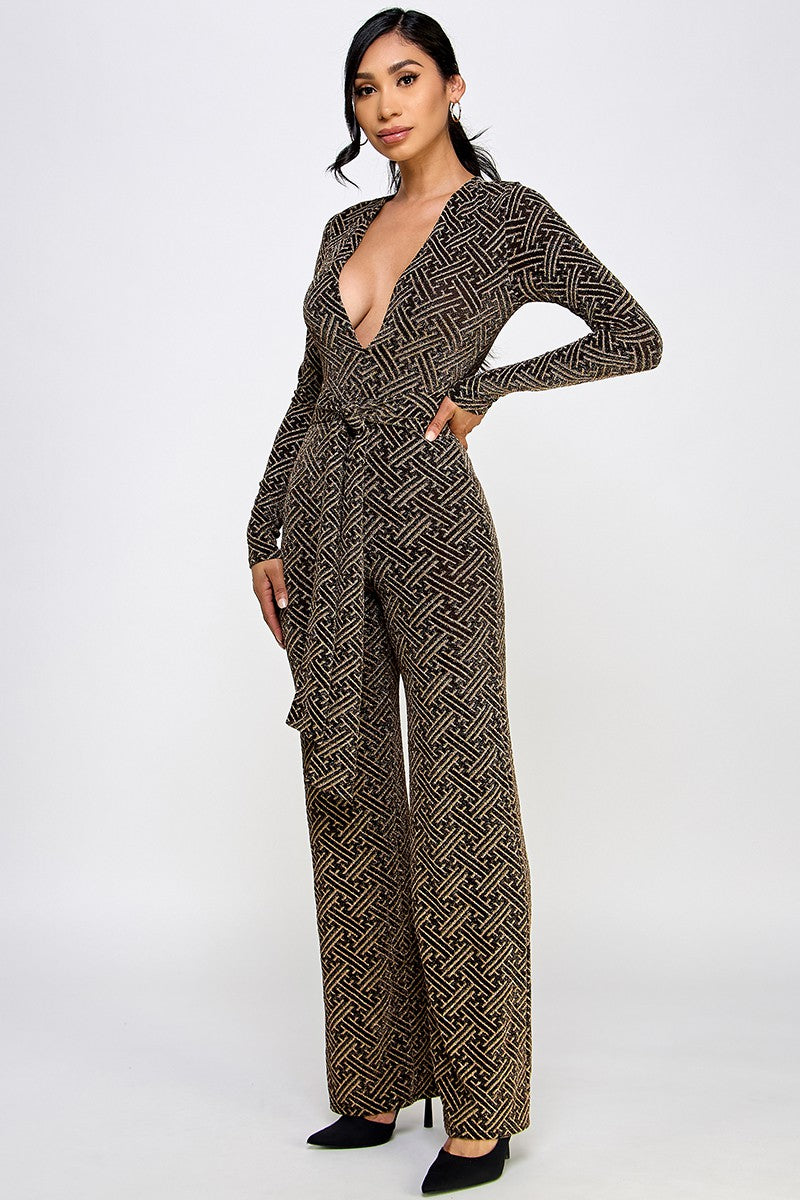 Metallic Deep V-neck Jumpsuit