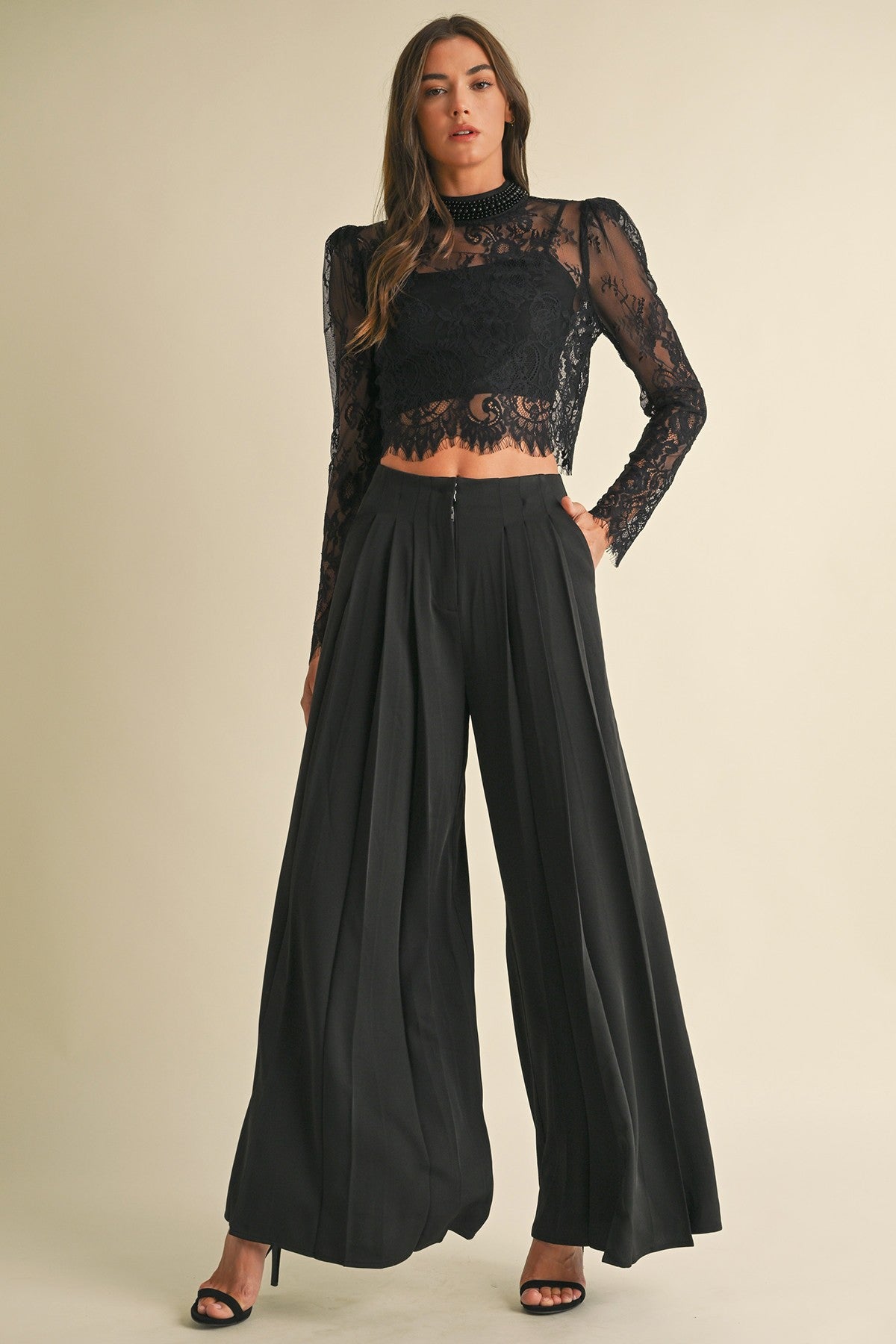 Pearl Collar Sheer Lace Mesh Top