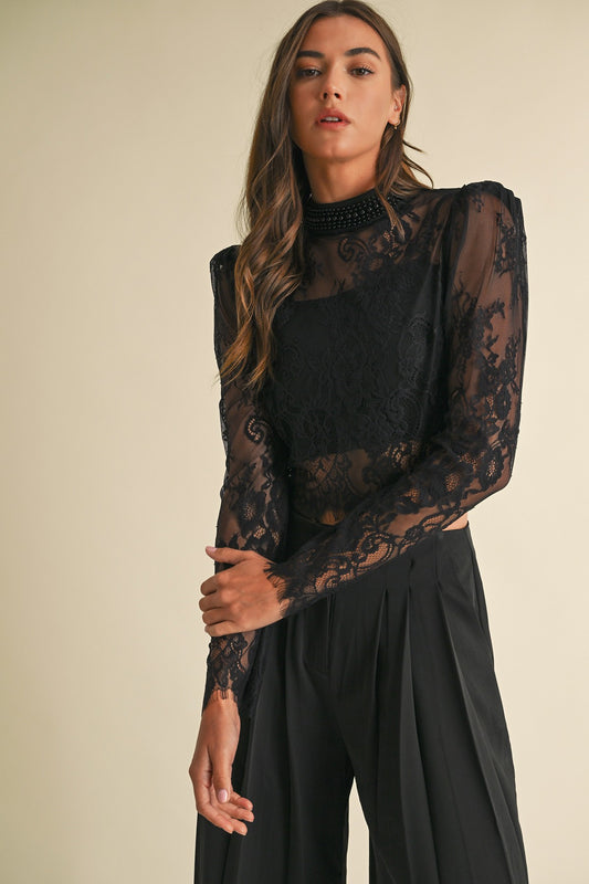 Pearl Collar Sheer Lace Mesh Top