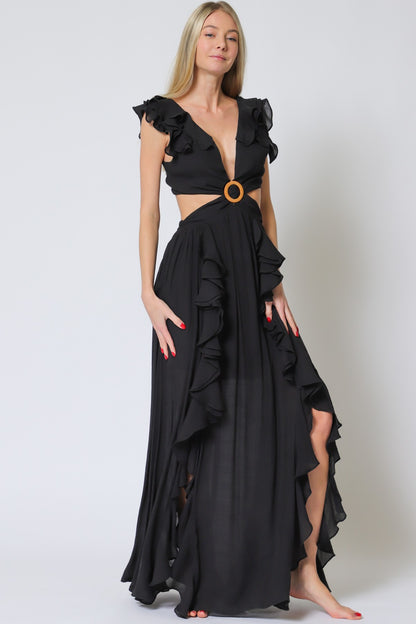 SLEEVLESS RUFFLE MAXI DRESS