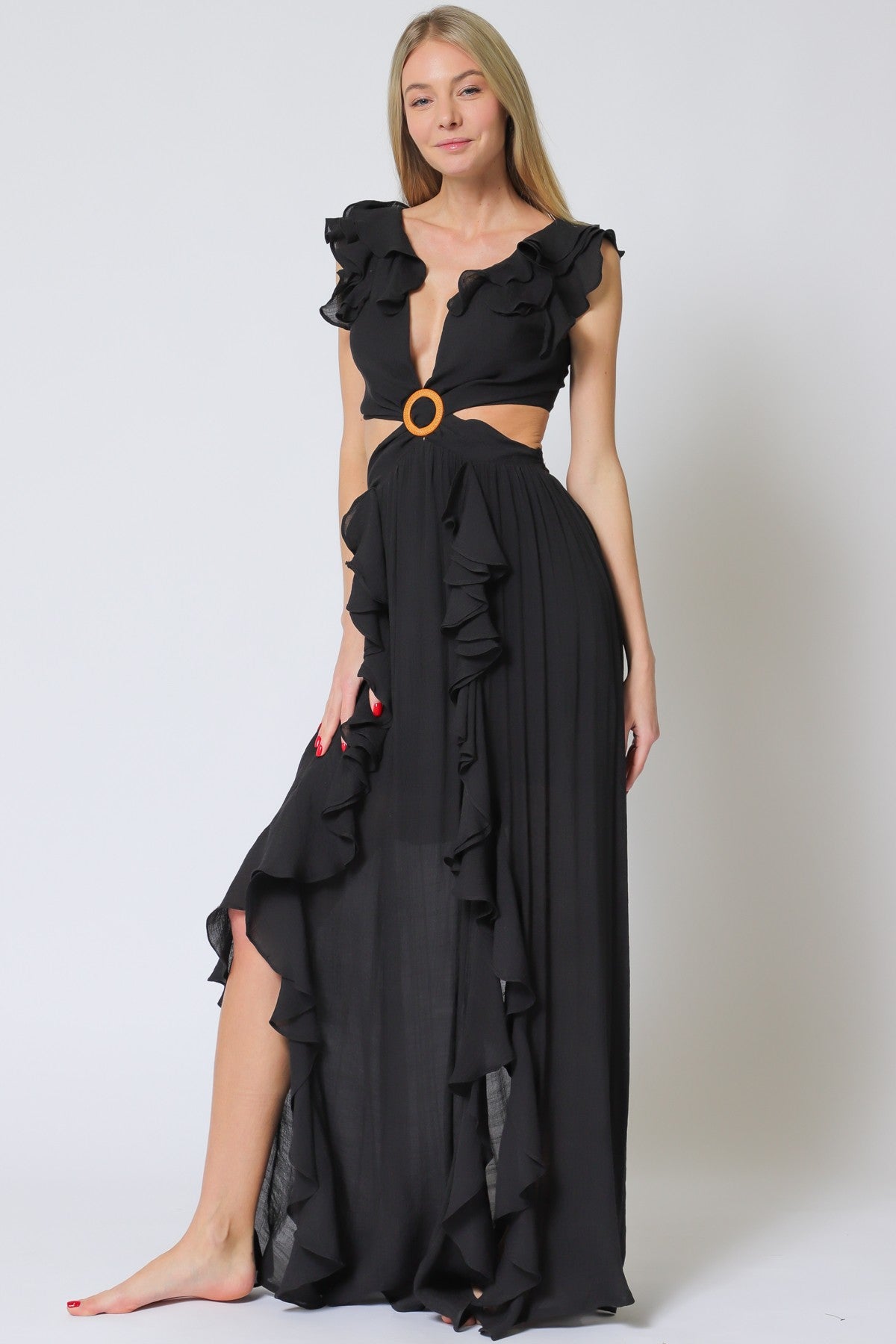 SLEEVLESS RUFFLE MAXI DRESS