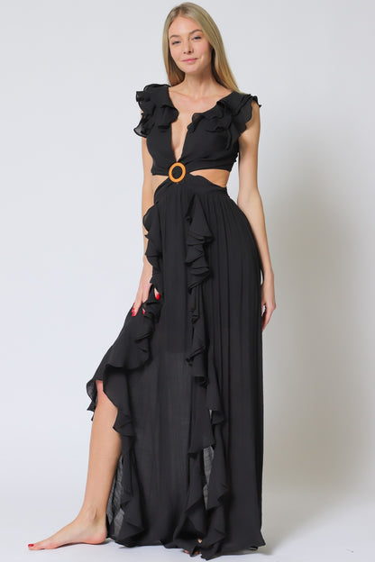 SLEEVLESS RUFFLE MAXI DRESS