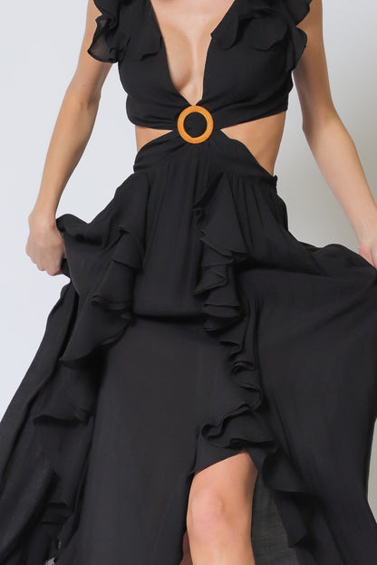 SLEEVLESS RUFFLE MAXI DRESS