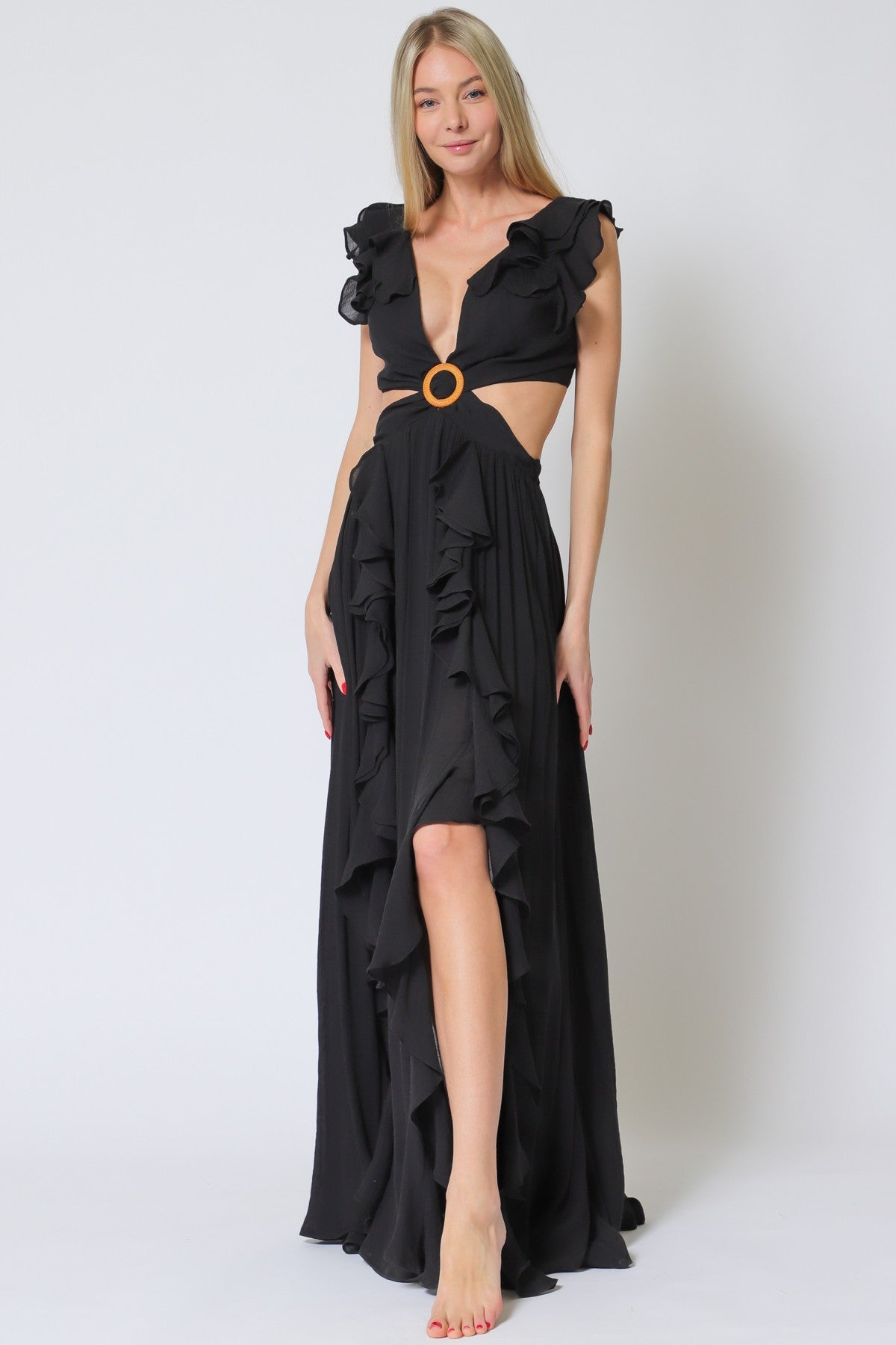 SLEEVLESS RUFFLE MAXI DRESS