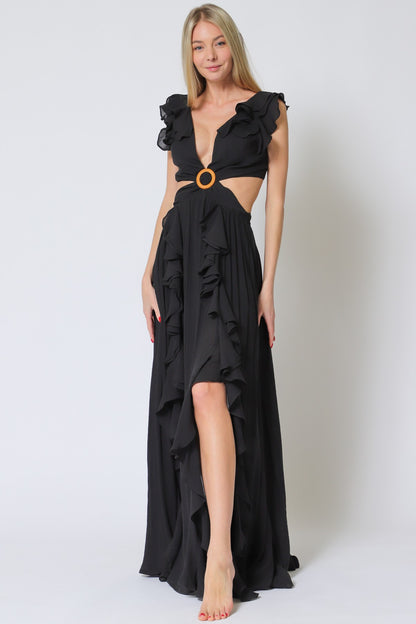 SLEEVLESS RUFFLE MAXI DRESS