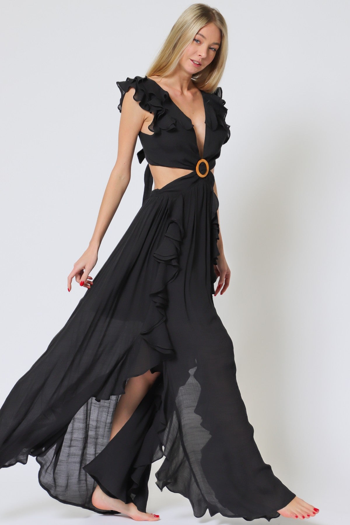 SLEEVLESS RUFFLE MAXI DRESS