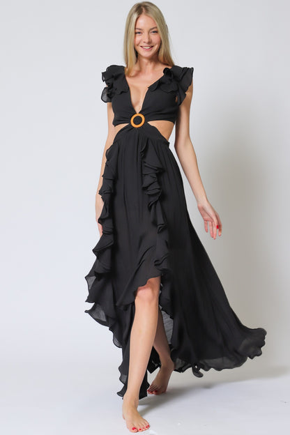 SLEEVLESS RUFFLE MAXI DRESS