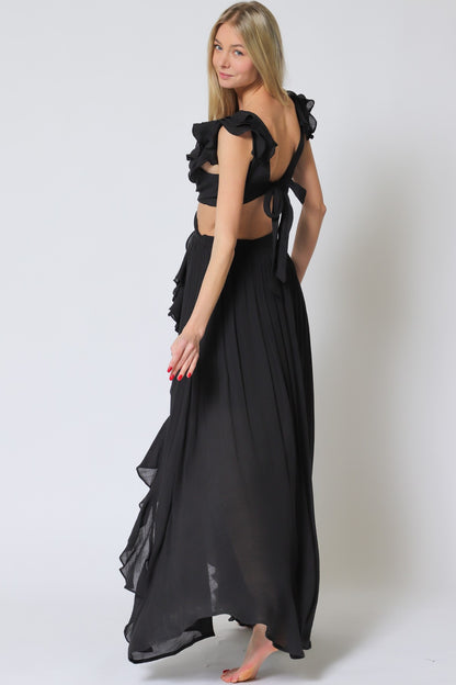 SLEEVLESS RUFFLE MAXI DRESS