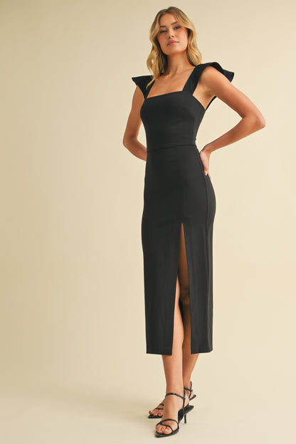 Square Neck Flutter Sleeve Side Slit Midi Dress