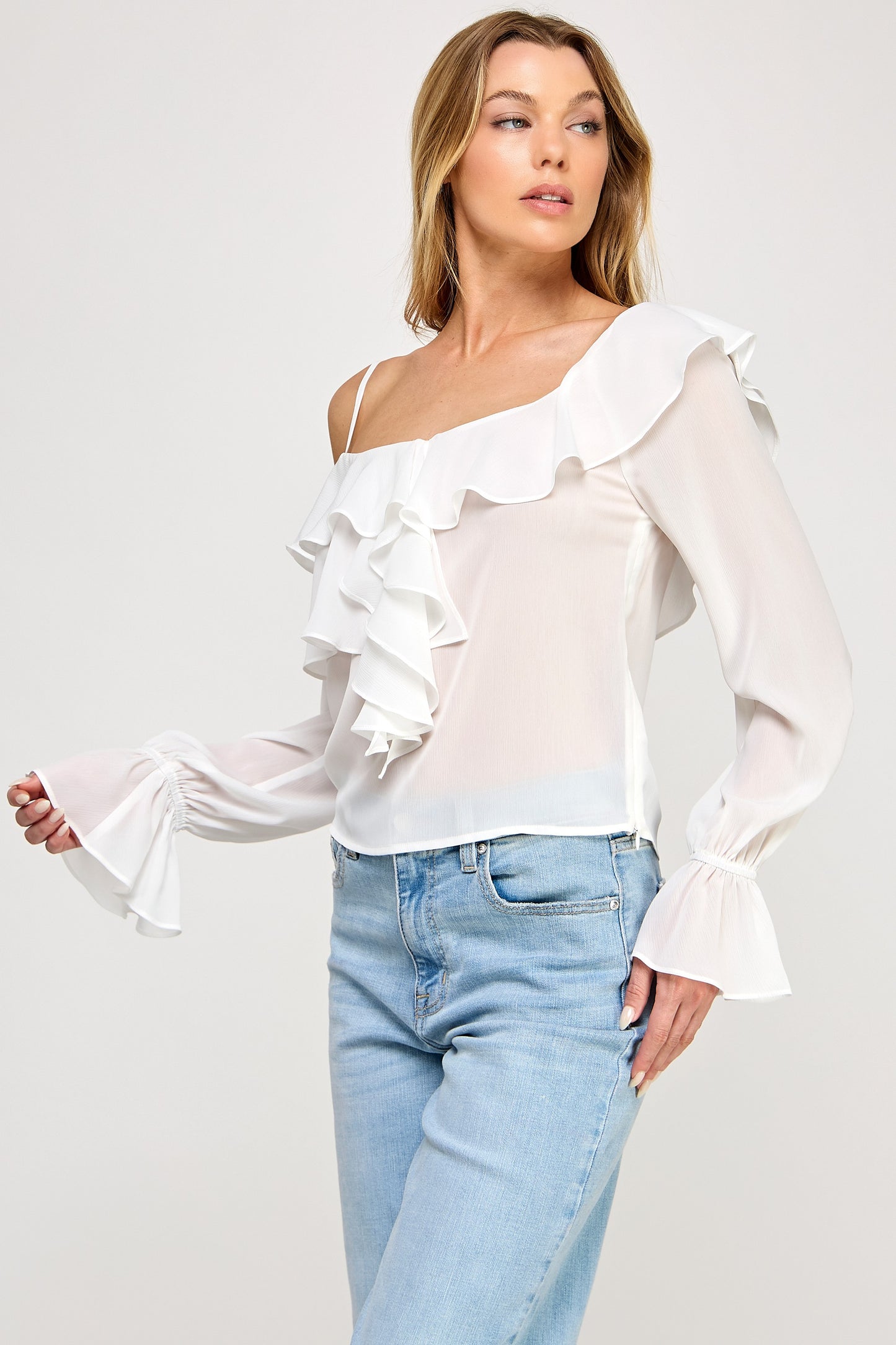 Ava long sleeve Top /Off shoulder Ruffle Sheer Top