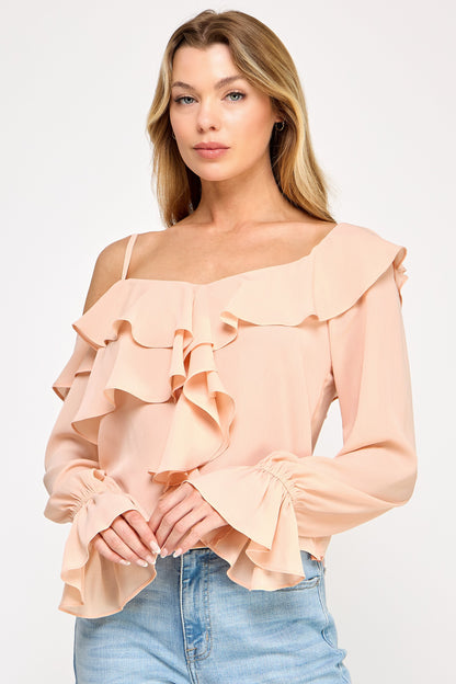 Ava long sleeve Top /Off shoulder Ruffle Sheer Top