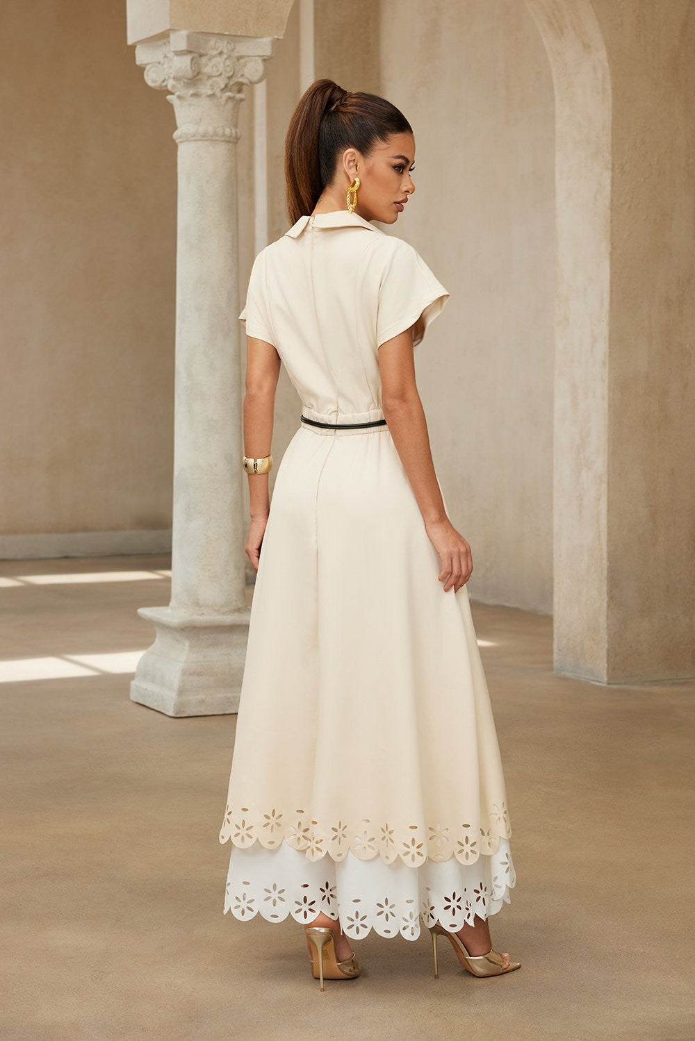 Broderie Anglaise Notch Collar Wrap Midi Dress