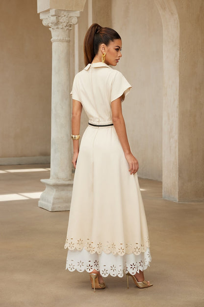 Broderie Anglaise Notch Collar Wrap Midi Dress