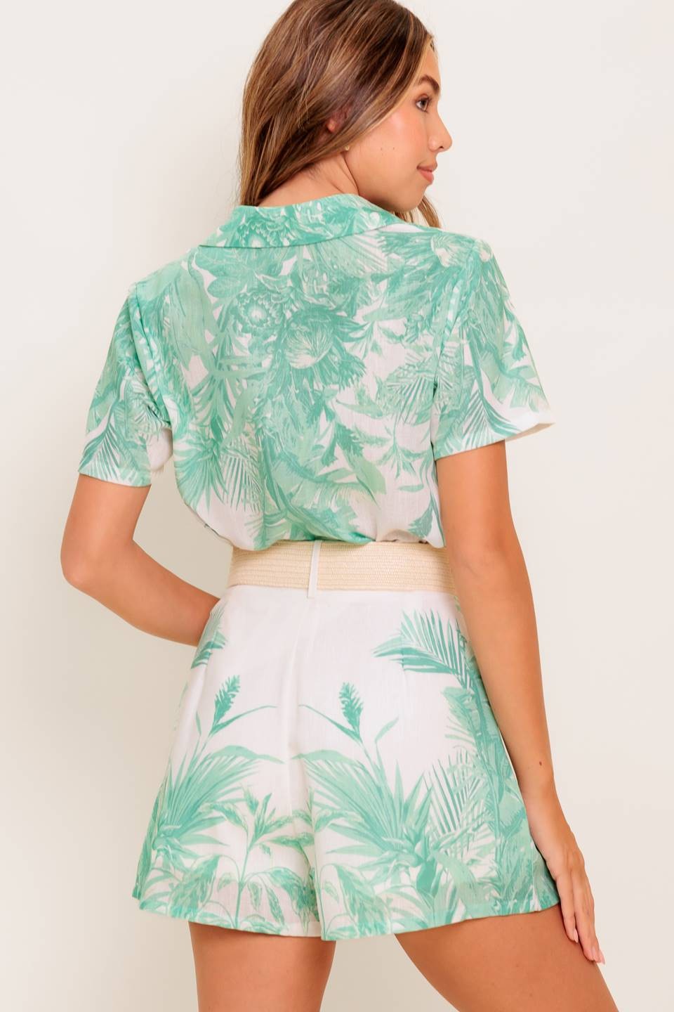 A printed woven top and short set