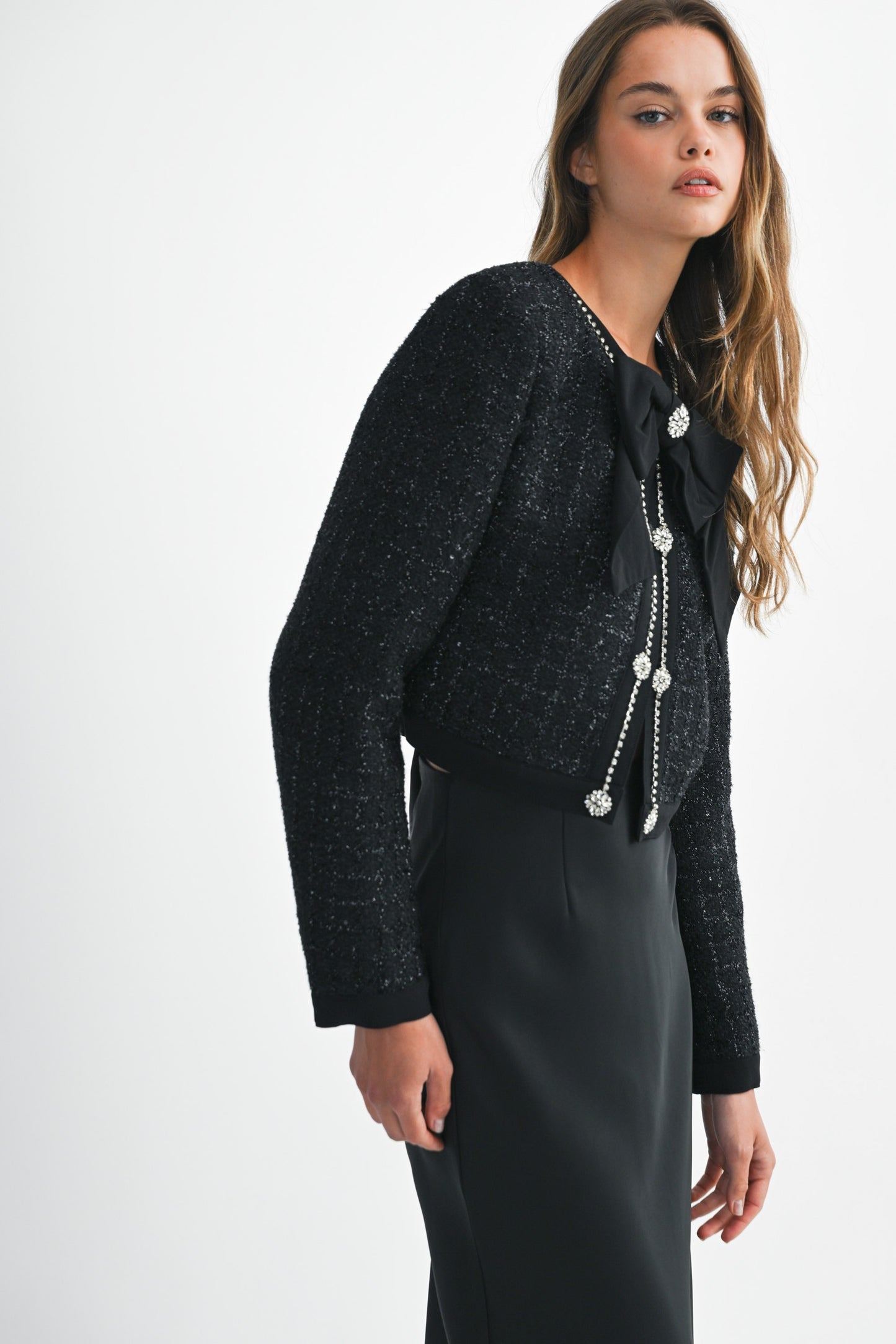 Tweed Bow Trim Front Crop Jacket