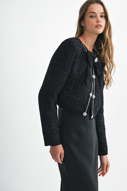 Tweed Bow Trim Front Crop Jacket