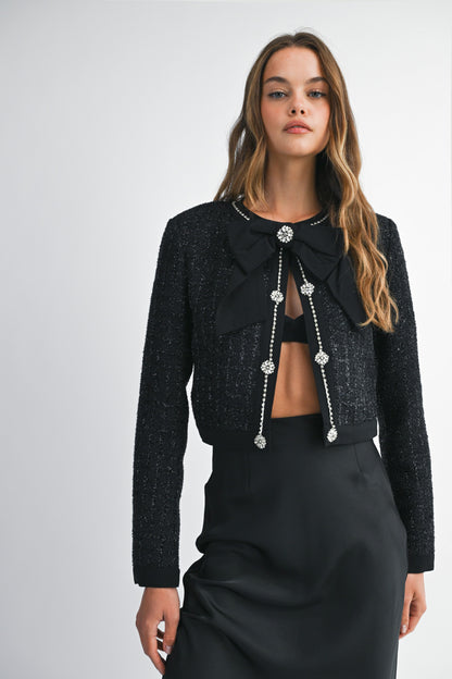 Tweed Bow Trim Front Crop Jacket