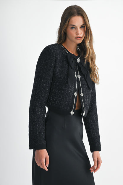 Tweed Bow Trim Front Crop Jacket