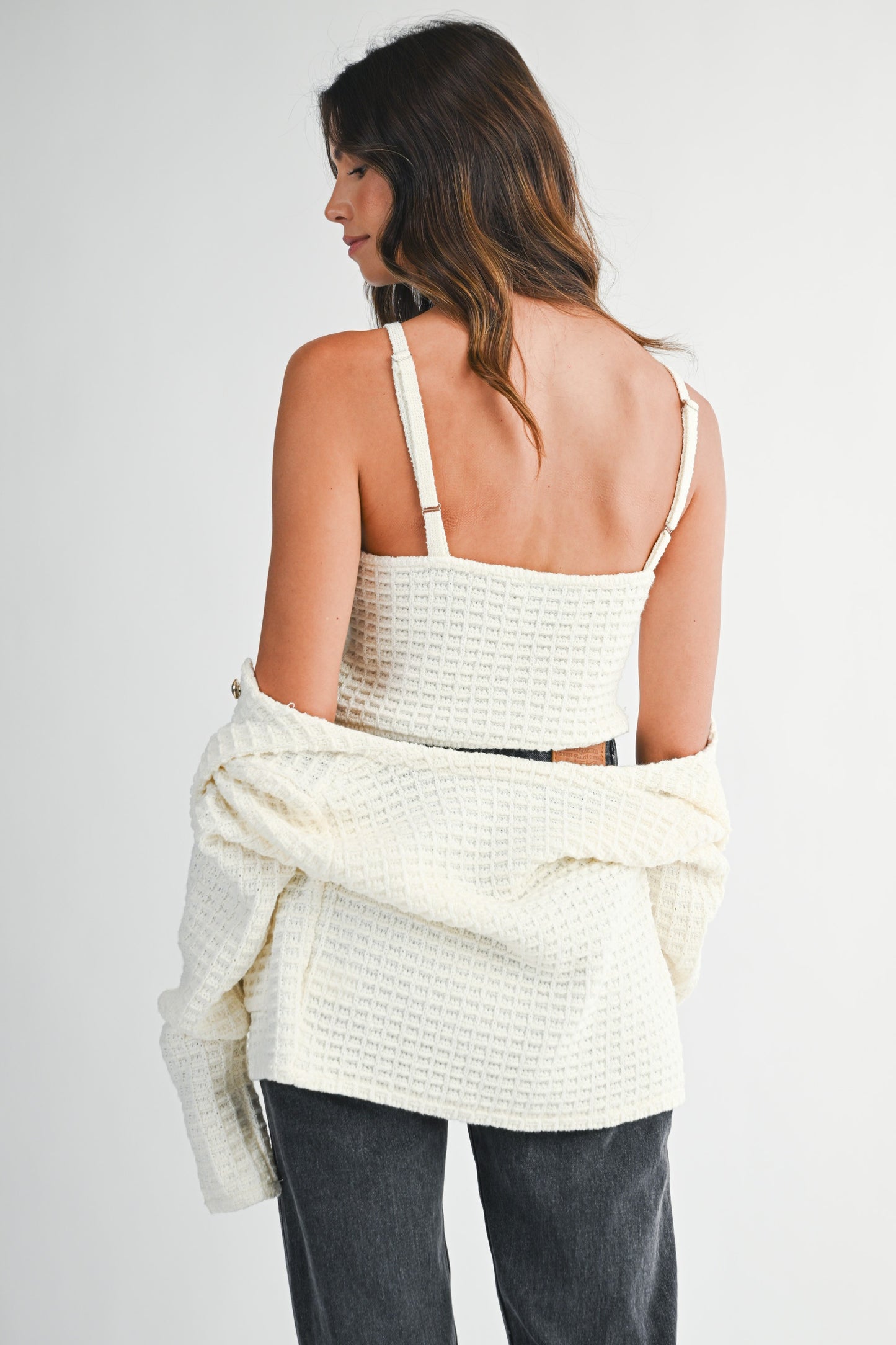 Tweed Knit Adjustable Strap Top And Cardigan Set