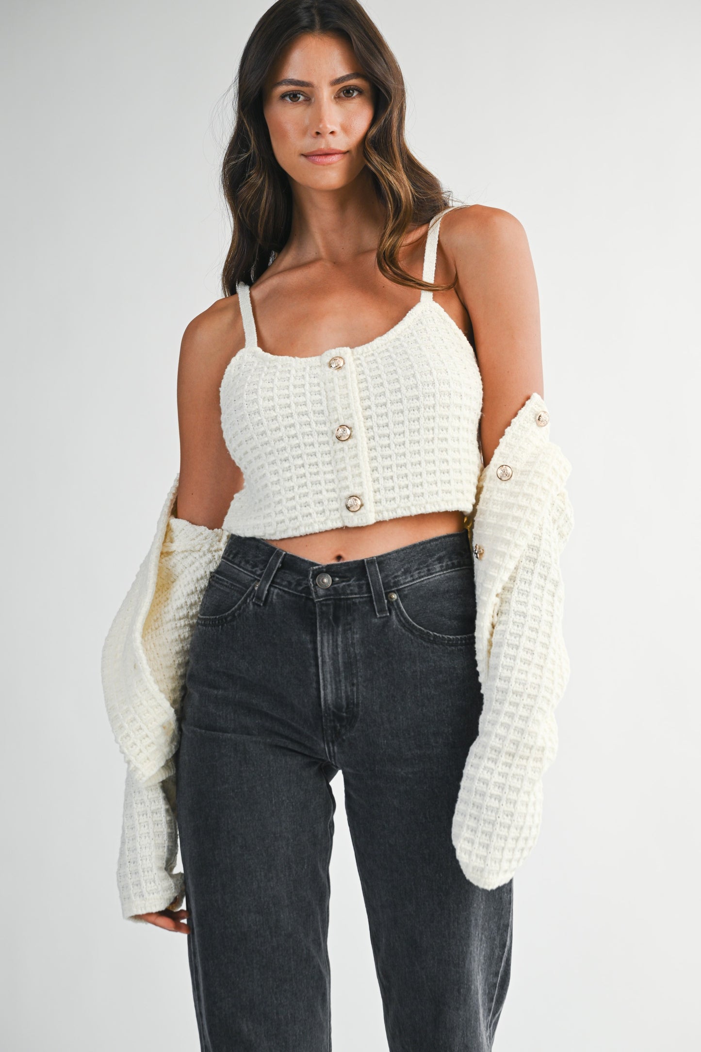 Tweed Knit Adjustable Strap Top And Cardigan Set