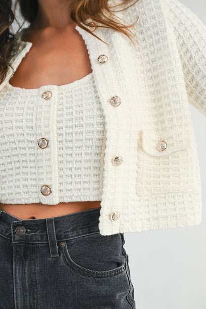 Tweed Knit Adjustable Strap Top And Cardigan Set