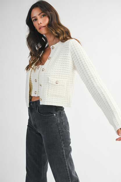 Tweed Knit Adjustable Strap Top And Cardigan Set