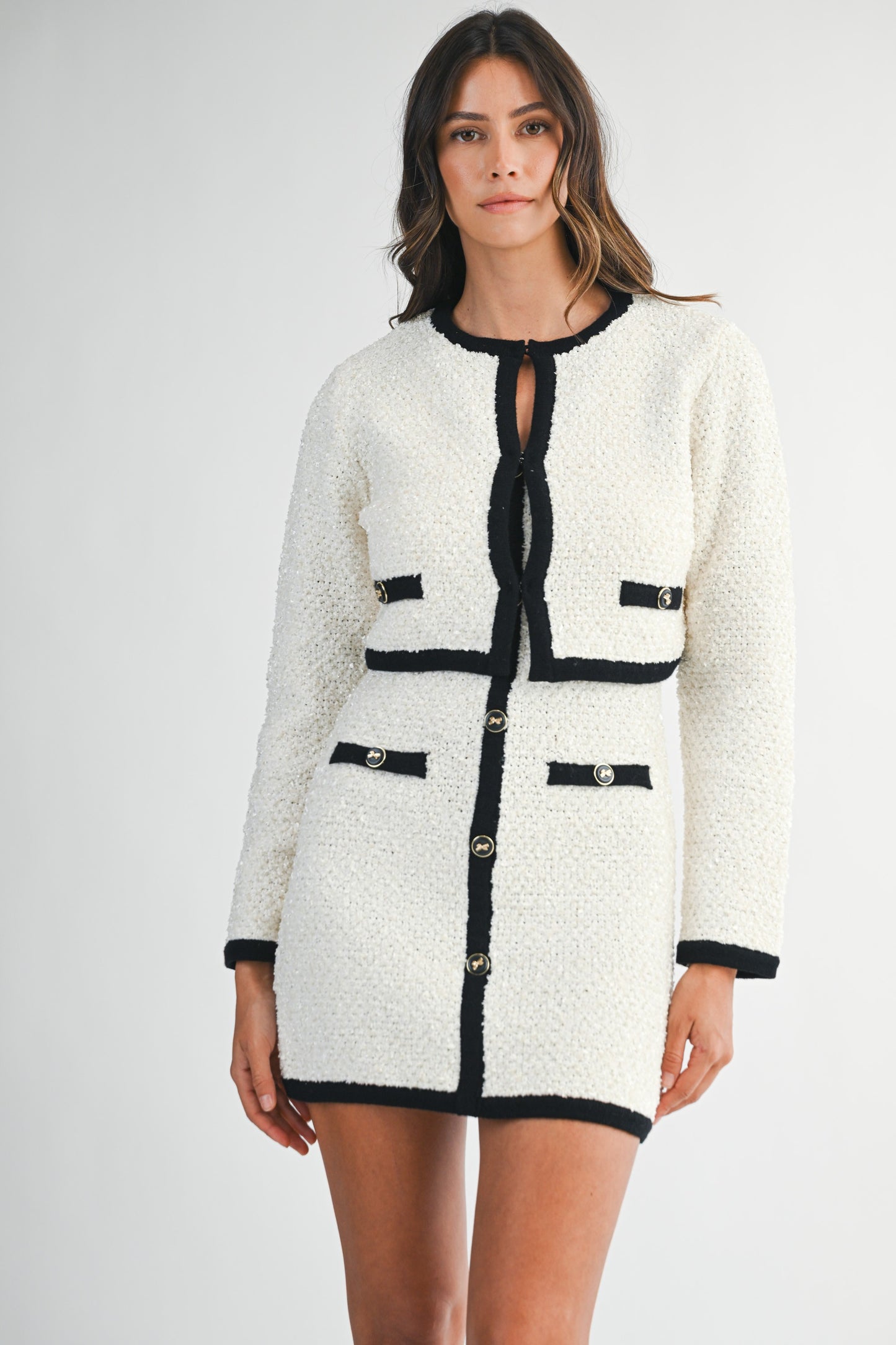 Tweed Knit Contrast Trim Mini Dress And Jacket Set MST8589
