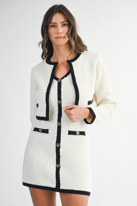Tweed Knit Contrast Trim Mini Dress And Jacket Set MST8589