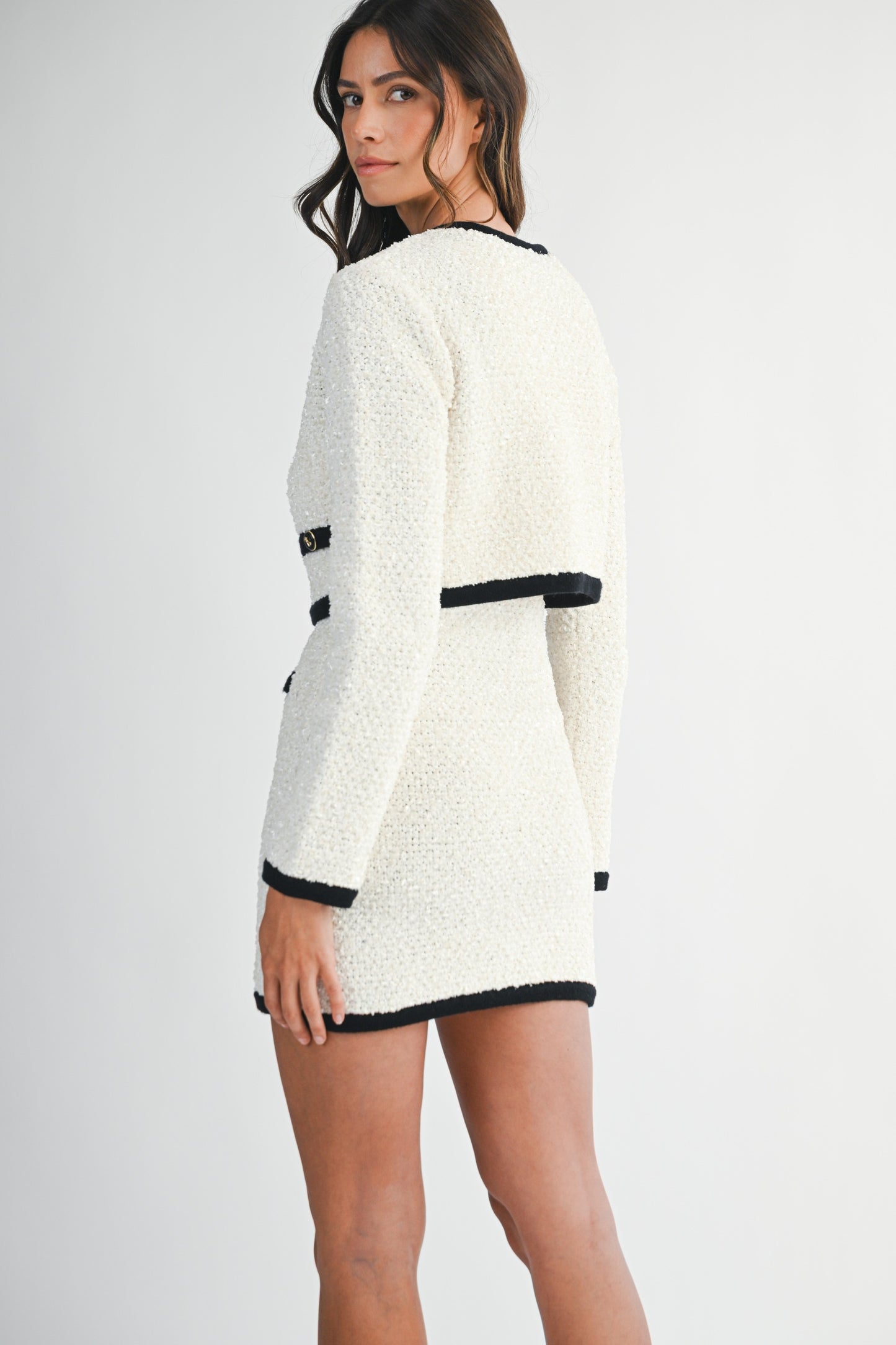 Tweed Knit Contrast Trim Mini Dress And Jacket Set MST8589