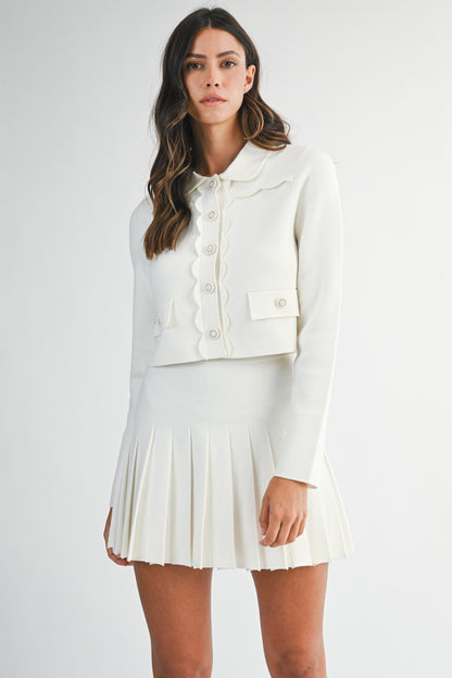 Scallop Detail Crop Cardigan And Pleated Skirt Set