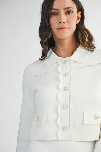 Scallop Detail Crop Cardigan And Pleated Skirt Set