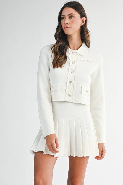 Scallop Detail Crop Cardigan And Pleated Skirt Set