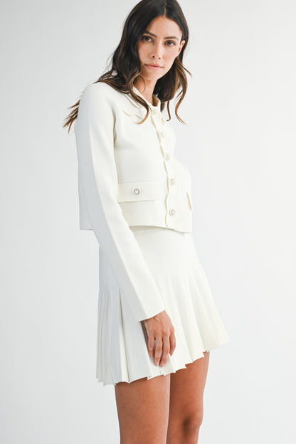 Scallop Detail Crop Cardigan And Pleated Skirt Set
