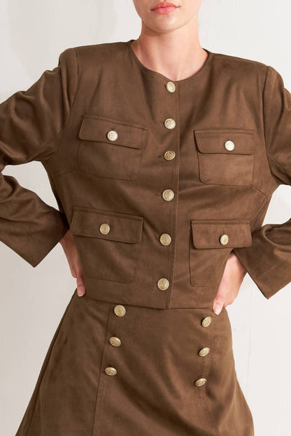 A faux suede cropped jacket & skort Set