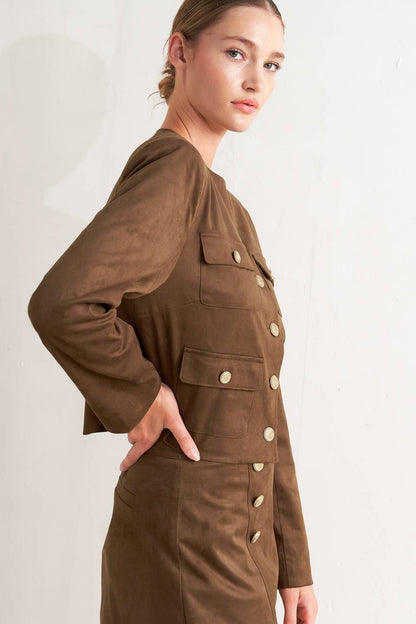 A faux suede cropped jacket & skort Set