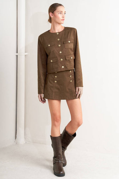 A faux suede cropped jacket & skort Set