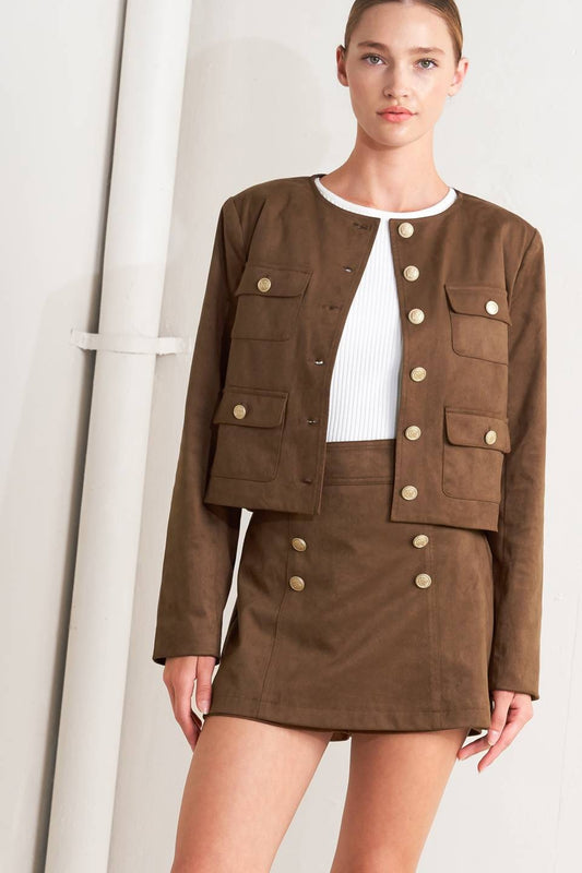 A faux suede cropped jacket & skort Set