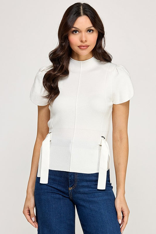 TULIP SLEEVE MOCK NECK SWEATER W/SIDE BELT
