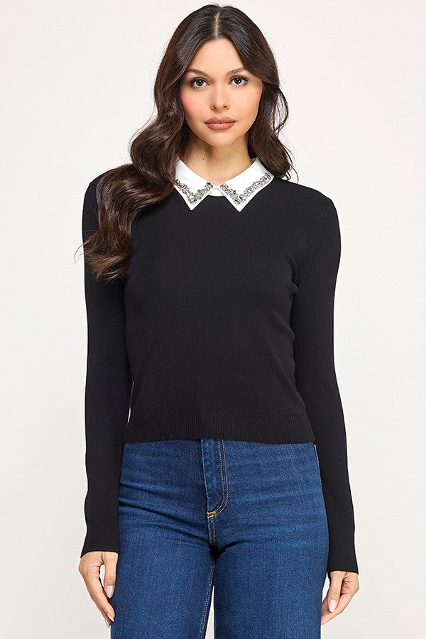 Contrast Collar Rhinestone Detail Long Sleeve Sweater