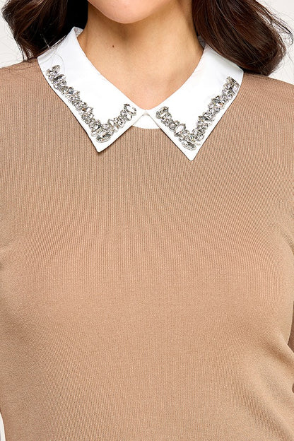 Contrast Collar Rhinestone Detail Long Sleeve Sweater
